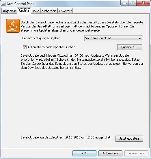 Das Java Control Panel mit den Update-Einstellungen