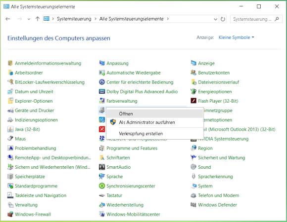 Screenshot aus der Systemsteuerung