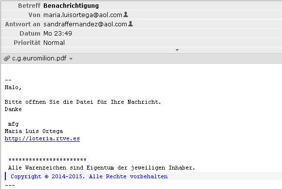 Die Mail suggeriert einen Lotteriegewinn. Trotzdem: Beilage nicht öffnen!