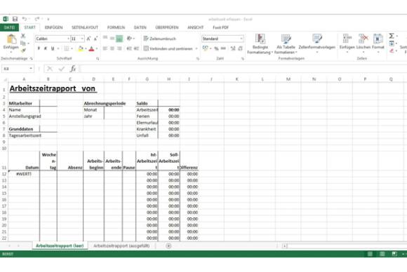 Noch unausgefüllte Arbeitszeittabelle