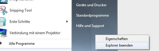 Per CTRL+Shift und Rechtsklick finden Sie den Explorer-Prozess unter Windows 7 und Windows 10 im Startmenü