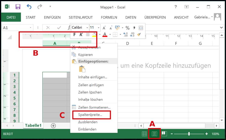 Excel 2013: Spalte oder Zeile genau mit 1 cm Breite oder ...