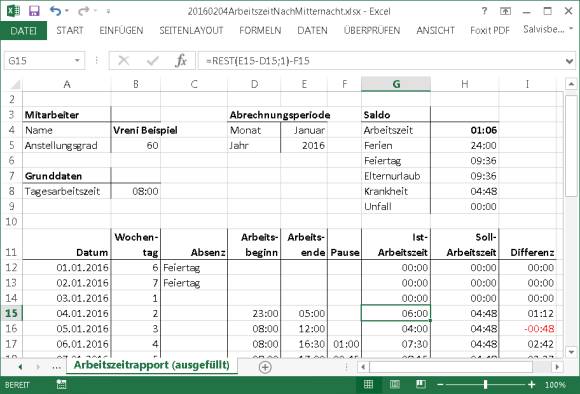 Excel-Tabelle mit Beispiel-Arbeitszeiten über Mitternacht hinaus