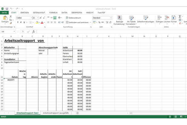 Screenshot einer Arbeitszeit-Tabelle in Excel