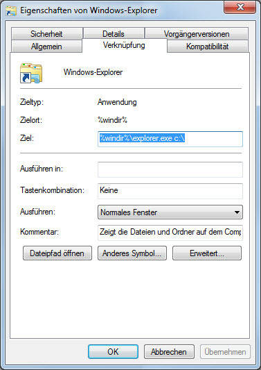 So lautet der Parameter, wenn der Explorer immer im Laufwerk C: öffnen soll