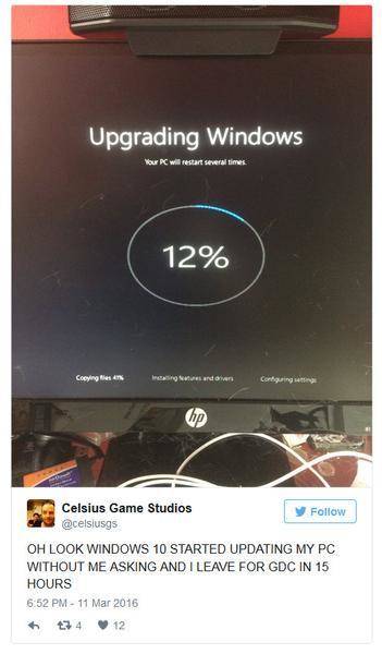 Dieser Twitterer wurde offensichtlich ungefragt mit einem Windows-10-Update bedacht
