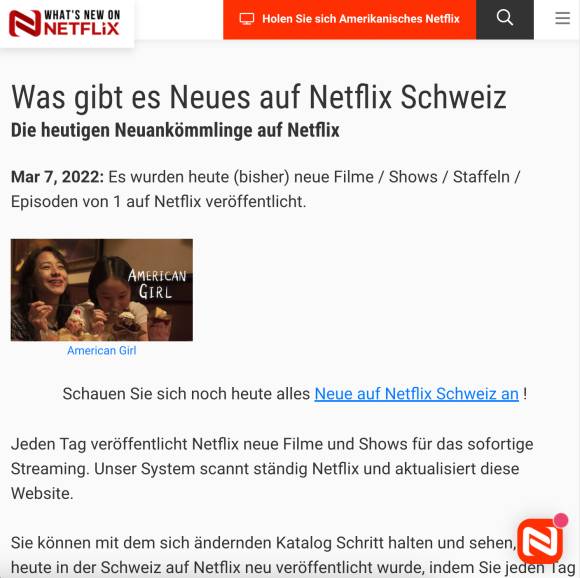 Screenshot der Seite «What's new on Netflix»