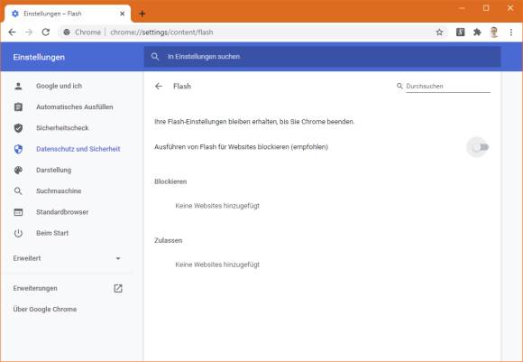 Chrome-Einstellungen zu Flash
