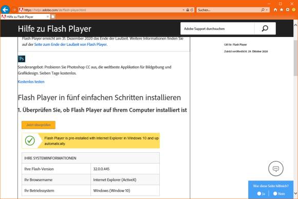 Screenshot Flash-Prüfung im Internet Explorer