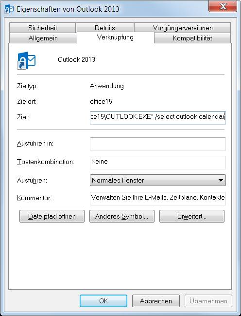 Passen Sie die Befehlszeile an, damit Outlook beim Öffnen direkt in den Kalender startet