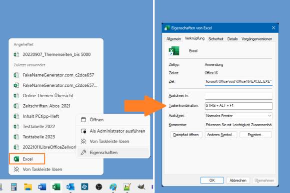 Taskleisten-Kontextmenü, daneben die Eigenschaften der Excel-Verknüpfung