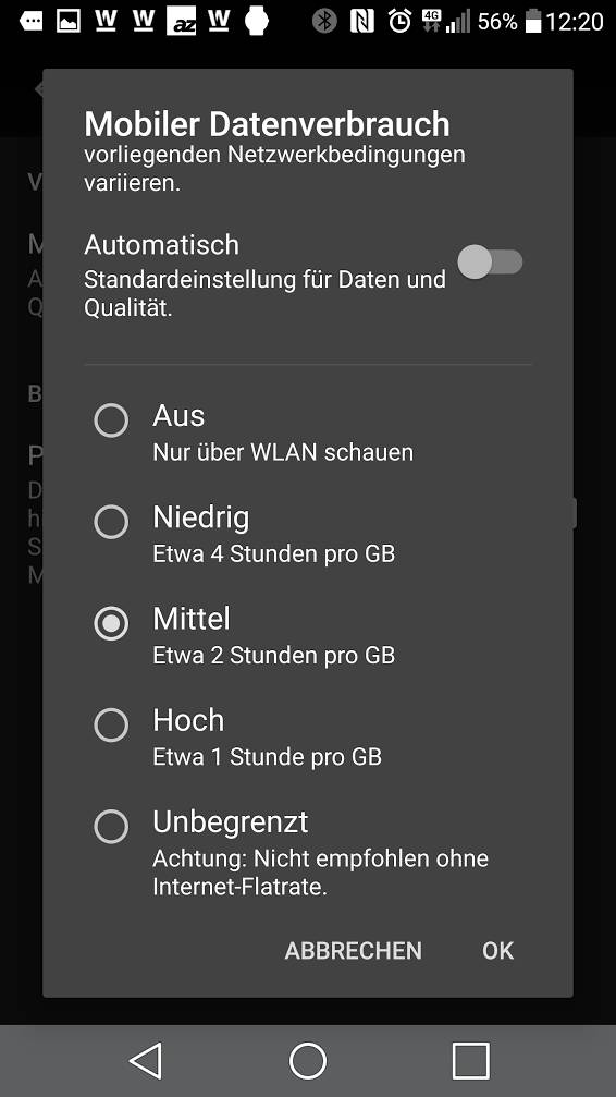 Ist die Grundeinstellung (Automatisch) deaktiviert, können Sie neuerdings in den Apps das Datenvolumen nach Gigabyte-Verbrauch regeln
