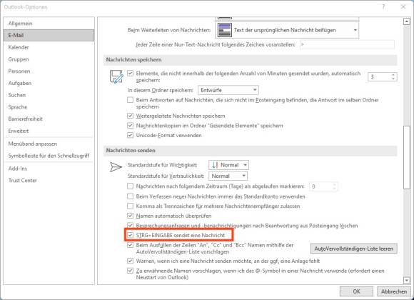 Screenshot der Einstellung in Outlook