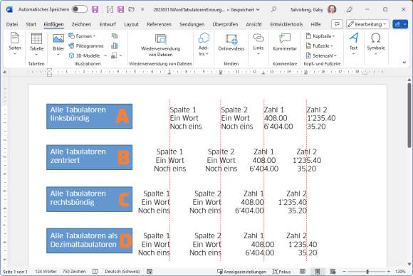 Viermal dieselbe kleine Word-Tabelle, jeweils mit anderen Tabulatortypen formatiert