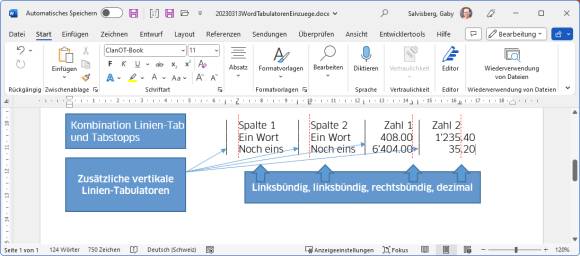 Ausschnitt einer Word-Tabelle, in der die Spalten durch sichtbare senkrechte Striche getrennt sind