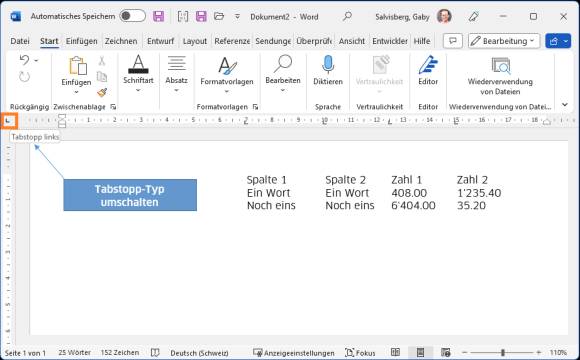 Ein Word-Dokument. Unser Pfeil zeigt aufs Kästchen zum Umschalten des Tabstopp-Typs