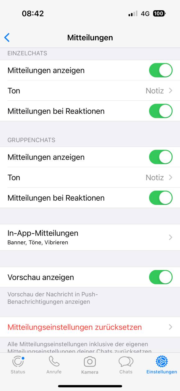 Screenshot der Übersicht der WhatsApp-Mitteilungseinstellungen