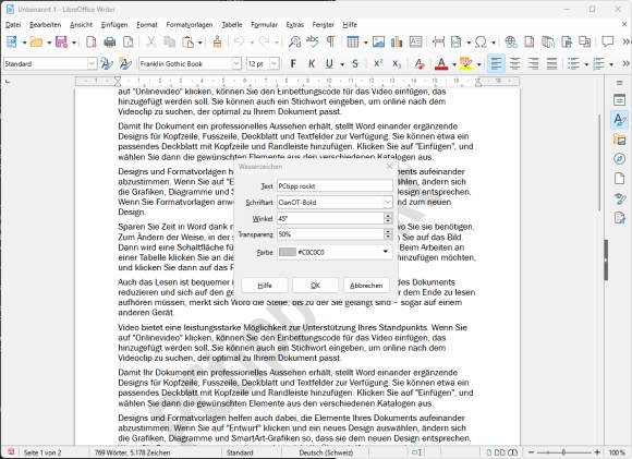 Einfügen eines Textwasserzeichens im LibreOffice Writer