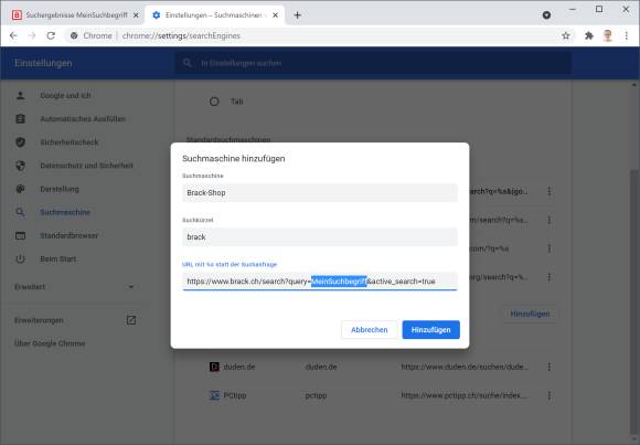 Screenshot Hinzufügen einer Adressleistensuche in Chrome