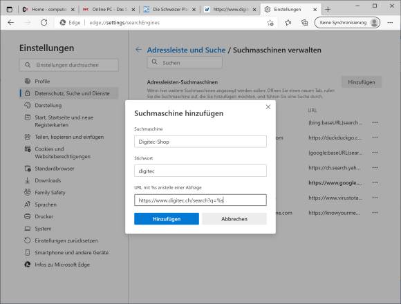 Screenshot Edge Hinzufügen einer Adressleistensuche