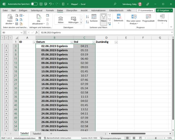 Excel-Liste mit summierten Stunden pro Tag