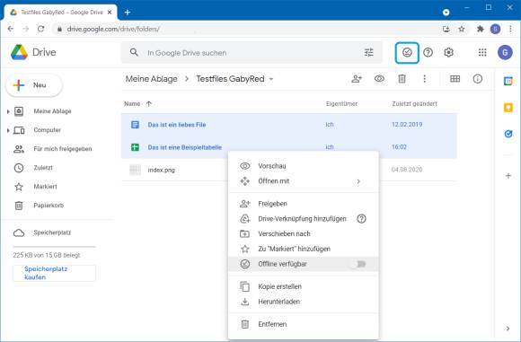 Screenshot Google Drive mit Befehl Offline verfügbar
