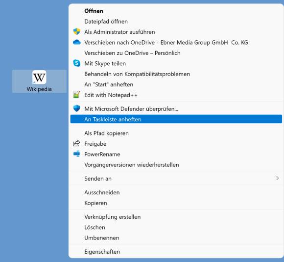 Der Kontextmenübefehl "Anheften an Taskleiste"