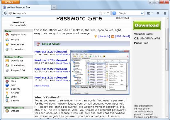 Auffälliger Download-Button auf der KeePass-Webseite