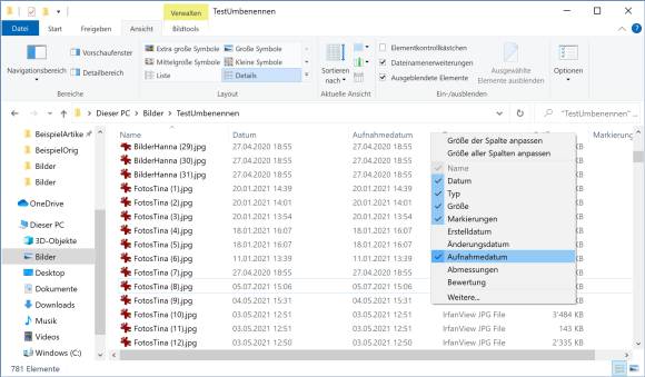 Screenshot Explorer mit Spalten-Kontextmenü