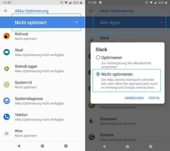 Schalten Sie die von übermässigen Stromsparmassnahmen betroffene App auf «Nicht optimieren» um