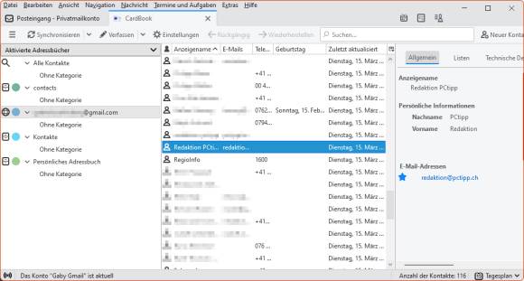 Screenshot eines CardBook-Adressbuchs in Thunderbird