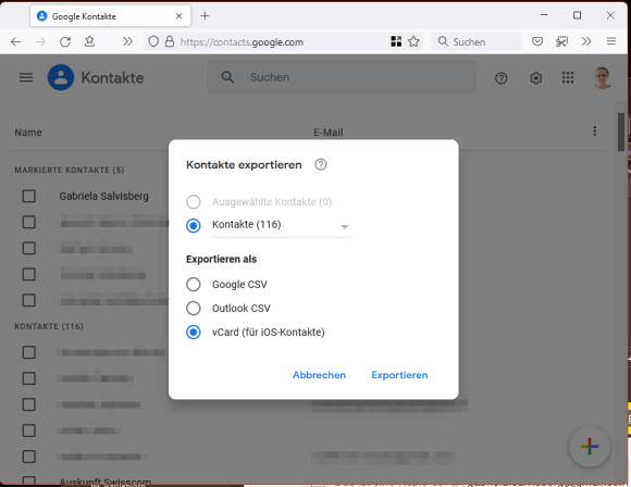 Screenshot Exportieren der Google-Kontakte ins vCard-Format