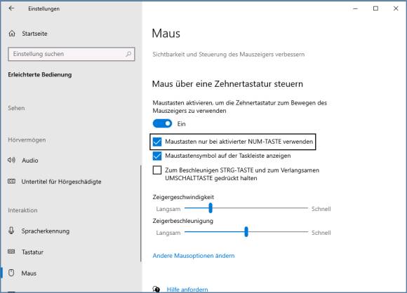 Aktivieren der Tastaturmaus in Windows 10