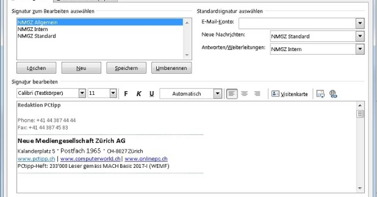 Outlook Signaturen sortieren und deren Text kopieren pctipp.ch