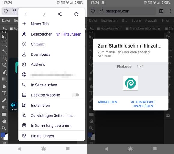 Screenshots Firefox für Android, Menü und Pop-up