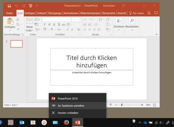 Ein geöffnetes PowerPoint und das Tasksymbol-Kontextmenü mit "An Taskleiste anheften"