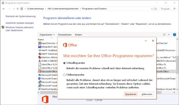 Die Reparaturfunktionen in der Systemsteuerung