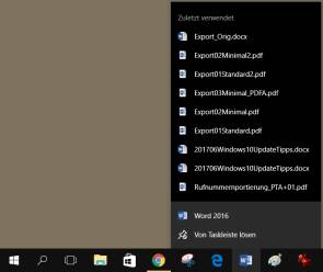 Beispiel der Sprungliste, die beim Rechtsklick aufs Word-Tasksymbol erscheint