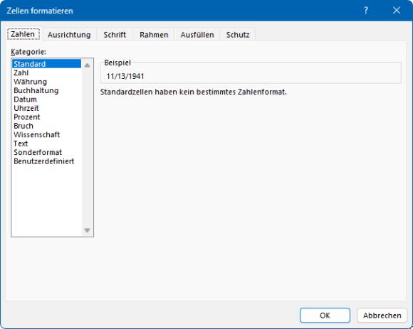 Das Zellformat zeigt "Standard". 