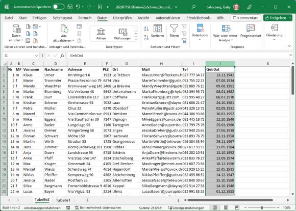 Ergebnis in Excel mit umgewandelten Kalenderdaten