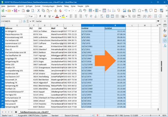 Tabelle mit einer Spalte mit Kalenderdaten im US-Format, daneben dieselben Daten im europäischen Format