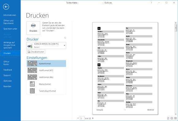 Outlook mit der Visitenkarten-Ansicht