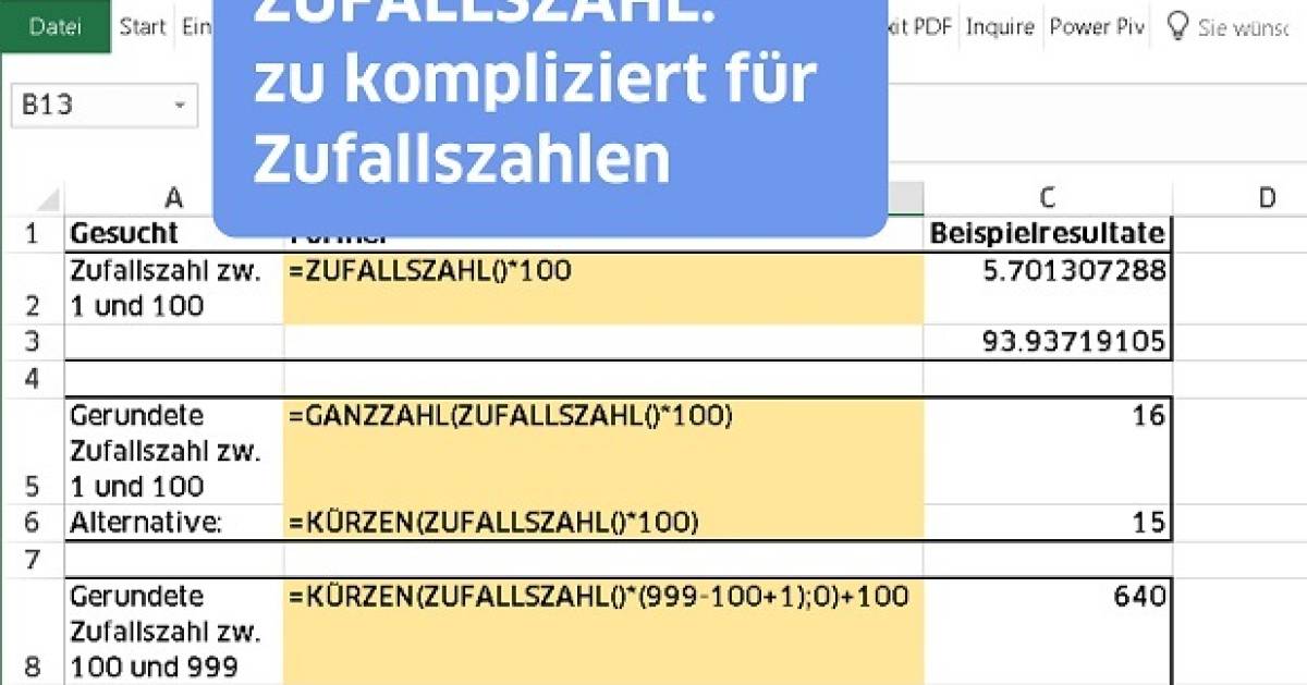excel gib mir zufallszahlen zwischen