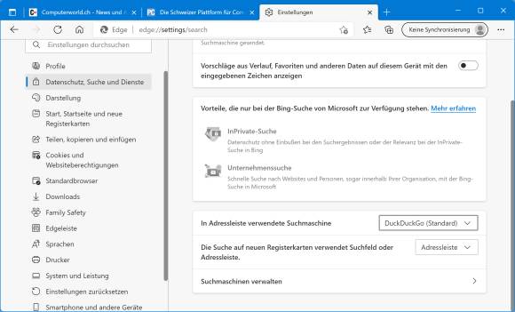 Suchmaschinen-Einstellungen in Microsoft Edge