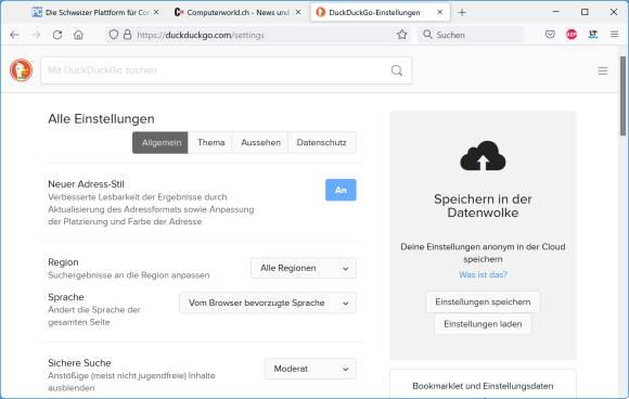 Die Einstellungen der DuckDuckGo-Suchmaschine