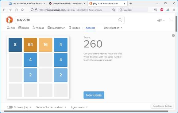 Das Spiel «2048» in DuckDuckGo