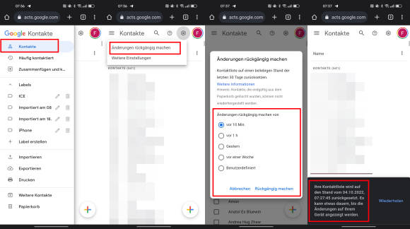 Screenshots auf dem Android-Smartphone zeigen den Weg zum Wiederherstellen der Google-Kontakte