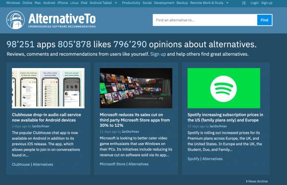 Screenshot der Alternative-To-Webseite