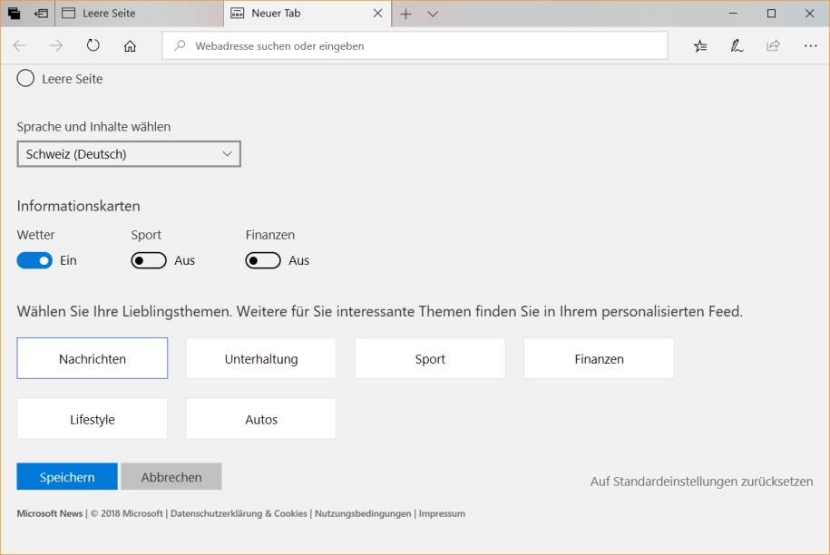Edge Die Start und «Neuer Tab»Seite anpassen pctipp.ch