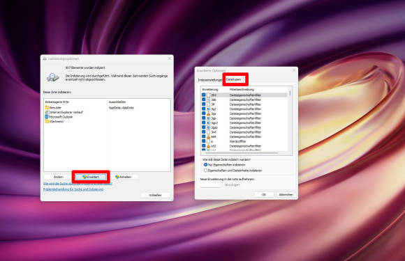Die Indizierungsoptionen mit den Dateitypen